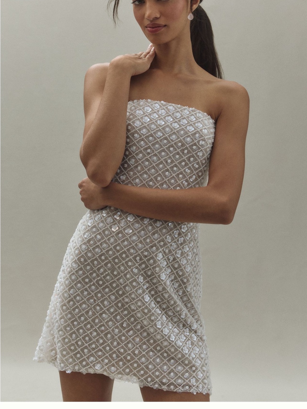 Watters Crescendo Ivory Strapless Floral Beading Tulle Bow Mini Dress Sz 14 NWT